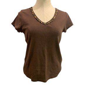 Small First Issue by Liz Claiborne Women's Brown T-shirt Wooden Beaded Neckline